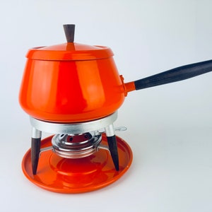 Vintage Bright Orange Metal Fondue Set - Wood Accents - Made In Hong Kong