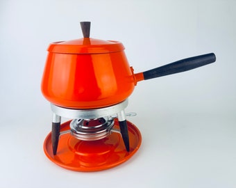 Vintage Bright Orange Metal Fondue Set - Wood Accents - Made In Hong Kong