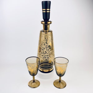 Vintage Bohemia Crystal Black & Gold Floral Decanter Set – Mid-Century Elegance