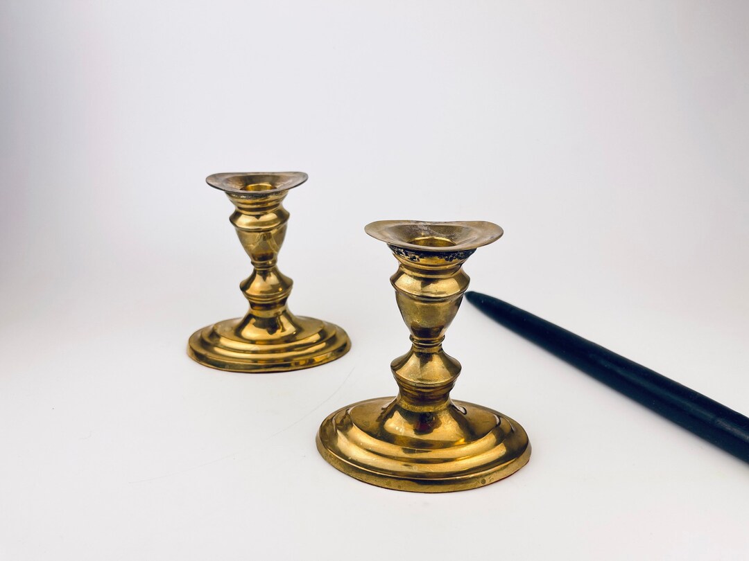 Vintage Tabletop Solid Brass Oval Candle Stick Holders Set of Two 2