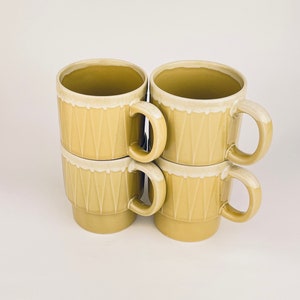Vintage Green + Beige Geometric Drip Glazed Ceramic Coffee/Tea Mugs - Set of Four (4) - Sets Sold Separately - Made In Japan