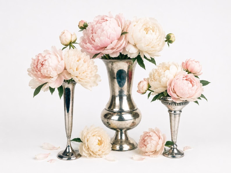 May include: Three silver-toned metal vases of varying heights and shapes, each holding arrangements of soft pink and cream-colored peony flowers. The vases feature smooth, reflective surfaces and pedestal bases, with loose peony petals scattered nearby.