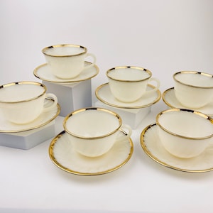 Vintage Fire King White + Gold Gilt Trim Milk Glass Tea Cup/Saucer Replacement - Made In USA