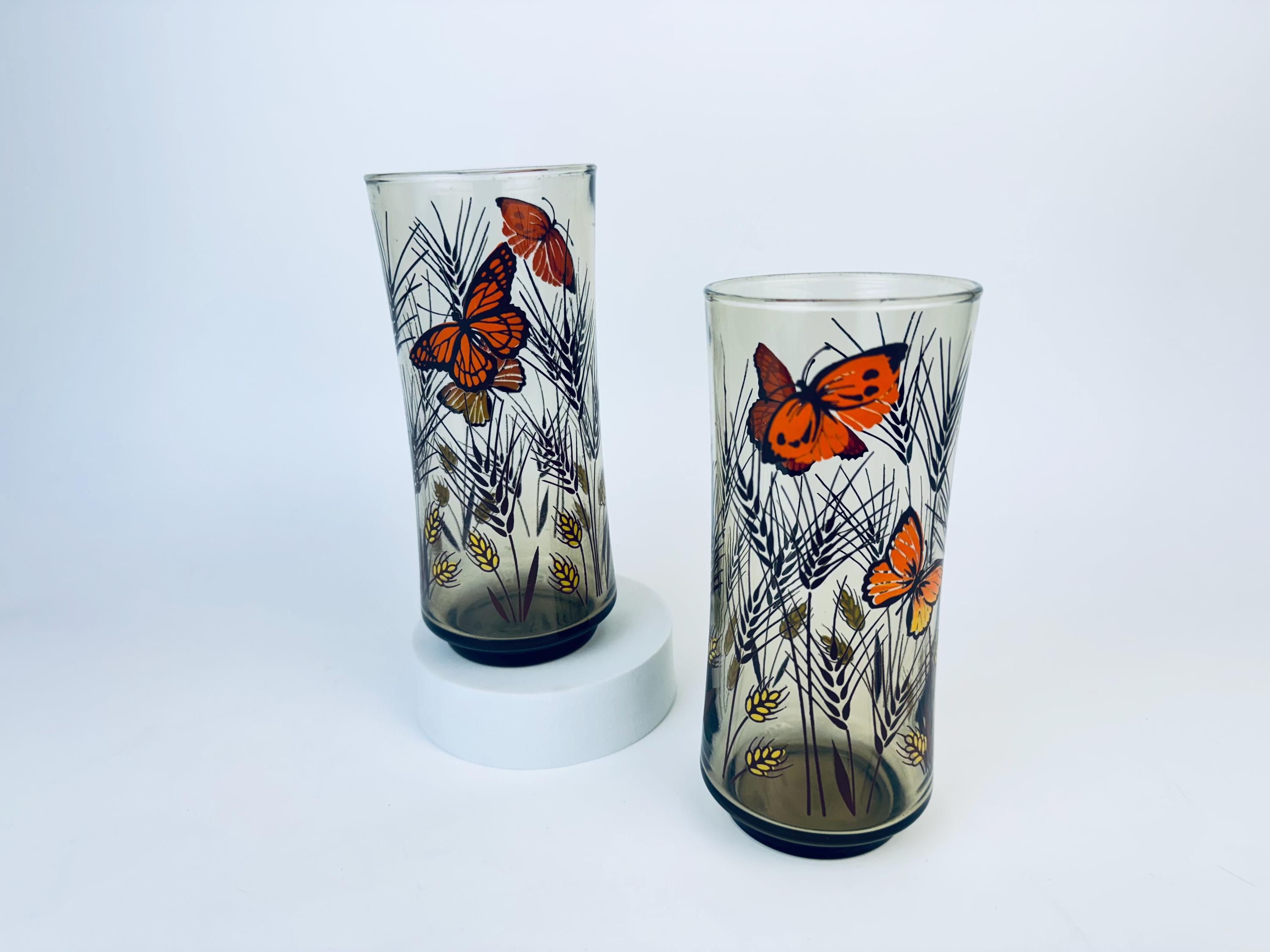 Vintage Libbey 'monarch Butterfly' Wheat Stalk Glasses - Smokey