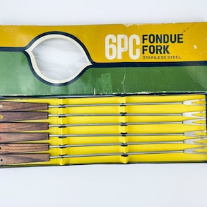 Vintage Fondue Forks - Wood + Stainless Steel Japan Metal Skewers - Set of Six (6)