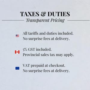May include: Text on a light background reads "TAXES & DUTIES" and "Transparent Pricing." Additional text states "All tariffs and duties included. No surprise fees at delivery." and "5% GST included. Provincial sales tax may apply."