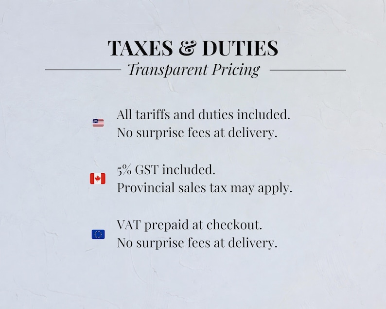 May include: Text on a light background reads "TAXES & DUTIES" and "Transparent Pricing." Additional text states "All tariffs and duties included. No surprise fees at delivery." and "5% GST included. Provincial sales tax may apply."