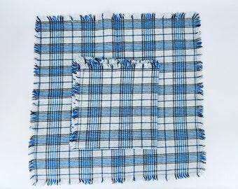 Vintage Black + Blue Plaid Grey Wool Fringe Square Place Mats - Set of Two (2)