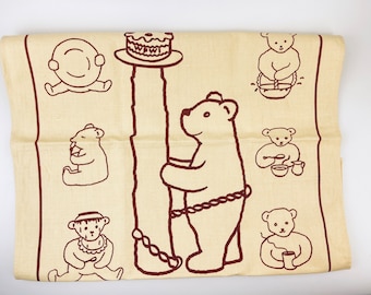 Vintage Beige + Brown Honey Bear Linen Tea Towel - Statement Towel