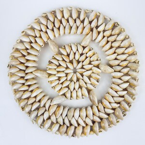 May include: A circular coaster made of small, white seashells arranged in a concentric pattern. The shells are all pointed and have a slightly yellowish hue.