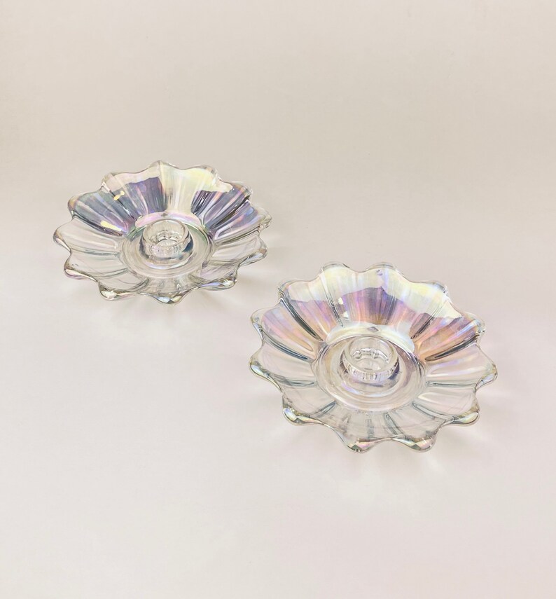 Vintage Carnival Glass Scalloped Candlestick Holders Set Of Two 2 image 6