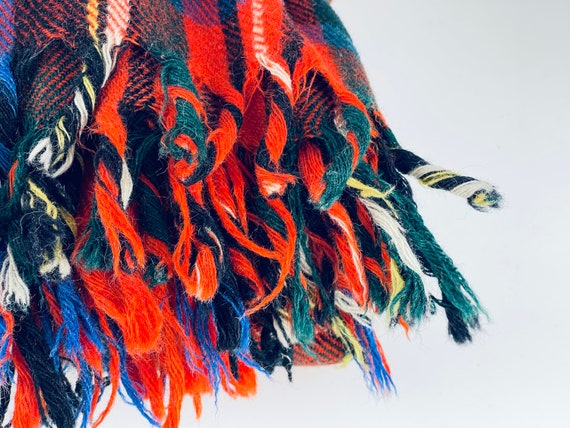 ビンテージ　ラグ　　チェック柄フリンジ付きブランケット 雑貨 古着 40s～ 青×オフホワイト マルチ チェック フリンジ