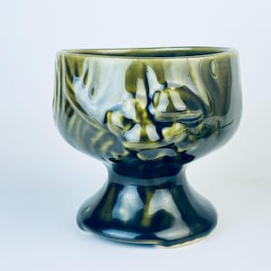 Vintage &#39;Brush Pottery&#39; Olive Green Glazed Ceramic Merry Mushroom Woodland Pedestal Indoor Planter - Made In USA