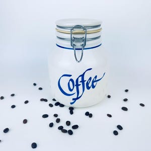 Vintage 1990s Beige & Blue Ceramic Coffee Canister – Airtight Countertop Jar