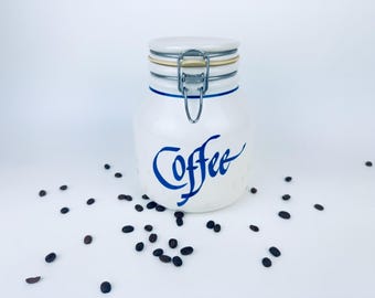 Vintage jaren 90 beige en blauwe keramische koffiebus – luchtdichte aanrechtpot