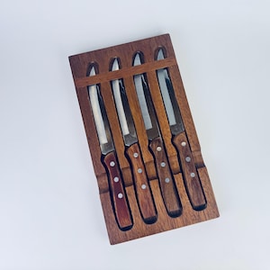 Vintage Japanese Stainless Steel & Wood Knife Set – Set of 4 - Wall-Mount Block
