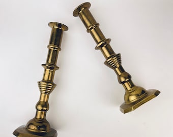 Vintage Tall Solid Brass Candlestick Holders - Attractive Aged Metal Patina -  Set of Two (2)