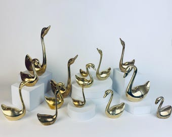 Vintage Brass Swan Figurines - 1970s 1980s Hollywood Regency Gold Bird Sculptures Home Decor - Each Sold Separately - Made In Korea