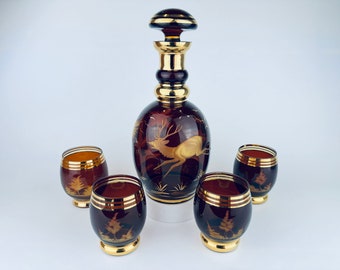 Vintage Dark Brown + Gold Striped Egermann Stag Landscape Barware Set - Glass Decanter + Four (4) Roly Poly Glasses - Made In Czechoslovakia