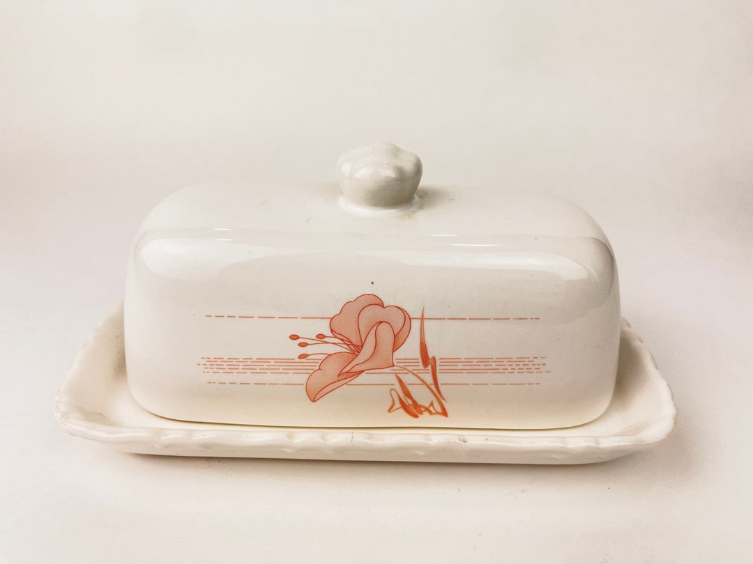 Vintage Glazed Ceramic Butter Dish White Pink Flower Etsy