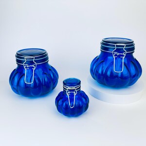 Vintage Round Cobalt Blue Bubble Glass + Clasp Container Jars - Sold Separately