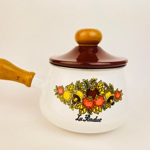 Vintage Merry Mushroom Metal Enamel Fondue Pot with Wood Handles - 'La Fondue' Pot - Levcoware - Japan