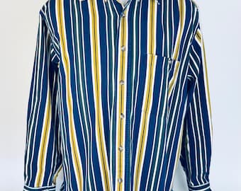 Camisa vintage de algodón a rayas Trader Bay, años 90, con botones, azul marino, amarillo, verde y blanco, manga larga, estilo retro informal.