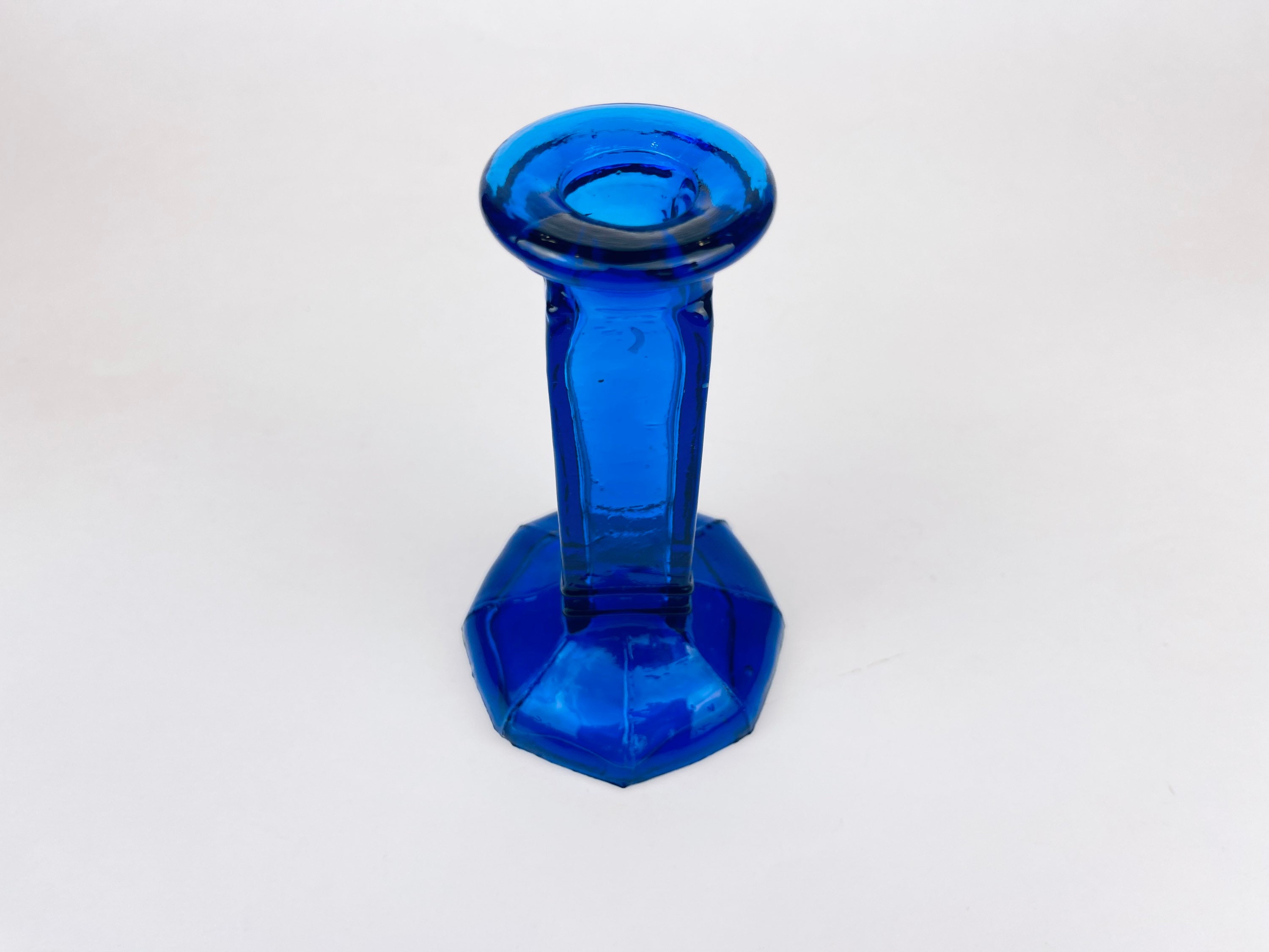 ヴィンテージ手吹きコバルトブルーガラスキャンドルホルダー - 八角形