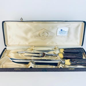 Vintage 1960s Glo-Hill Cutlery “The Connoisseurs Choice” Faux-Antler Sheffield Steel Carving Set in Original Box - Made In England