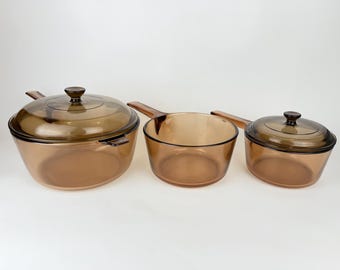 Vintage Corning 'VISIONS' Glass Saucepans - Amber Brown & Cranberry Purple - Made In France OR USA - Each Sold Separately
