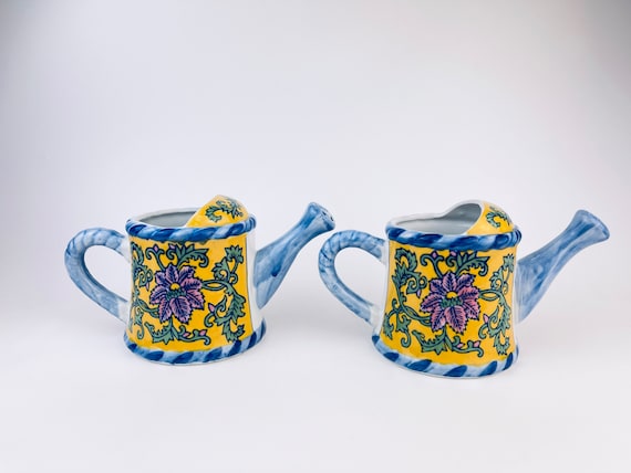 Vintage Hand Painted Blue Yellow Floral Print Ceramic Watering Can/pot With  Handle 'rope' Handle Bella Case by Ganz Sold Separately 