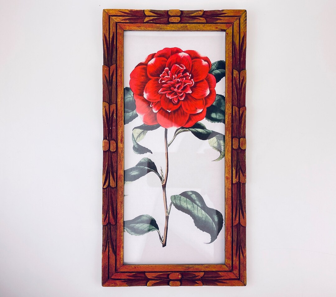 Vintage Ornate Red Carved Wood Rectangular Picture Frame Wall Mountable