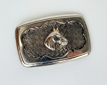 Vintage 1970s western type Belt Buckle.Metal chrome colored. Vintage 1970s Western Belt Buckle, Gold Horse on Chrome - Etsy main image 3