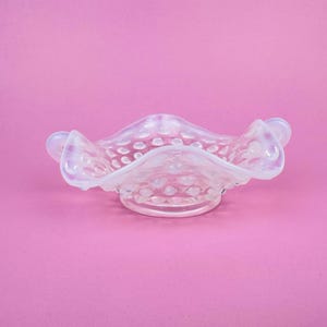 Vintage Fenton Moonstone Hobnail Glass Dish – 1940s Opalescent Ruffled Trinket Bowl with Handles