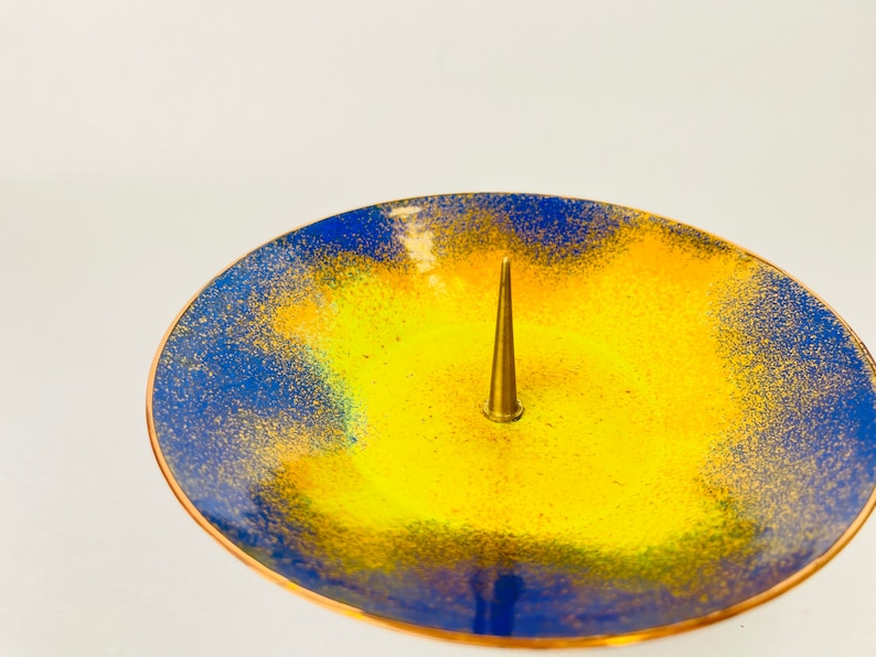 Orange Vintage EK Handarbeit Spike Blue Speckle Brass Candle Stick Holder Gold Patterned Rim Top Pedestal Yellow German