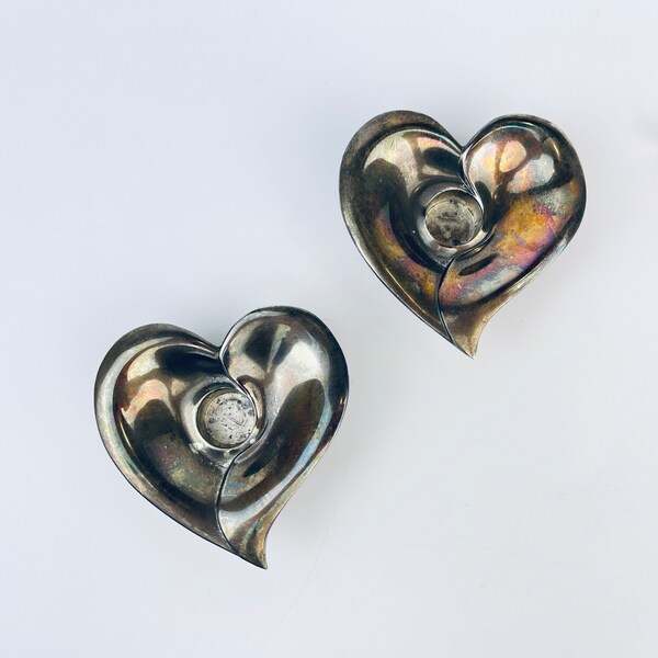 Vintage Silverplated Metal Heart Tapered Candle Holder - Attractive Aged Metal Patina - Set Of Two (2)