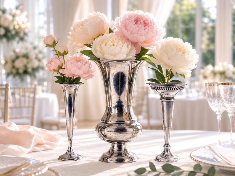 May include: A set of three silver-toned metal vases with a polished, reflective finish. The central vase is large with a wide, flared rim and a rounded base. Two smaller, slender trumpet-shaped vases flank the center, each holding pink and white peonies.