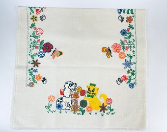 Vintage Hand Painted Beige Floral + Animal Print Linen Table Runner/Centrepiece - Fringe Edge