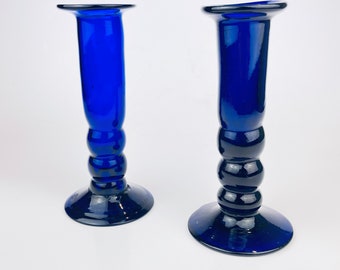 Vintage Cobalt Blue Glass Candlestick Holders - Set of Two (2)