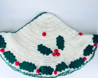 Vintage Handmade Crocheted Christmas Tree Skirt - Green Holly + Red Berry Detail