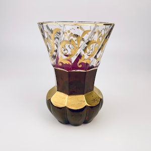 Vaso de vidro vintage vermelho rubi e dourado - Vaso Hollywood Regency