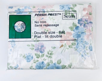 Sábana plana doble/matrimonial Sears Perma-Prest Floral vintage de los años 80 – Mezcla 50/50 algodón/poliéster – Hecha en Canadá (Nueva, sin usar)