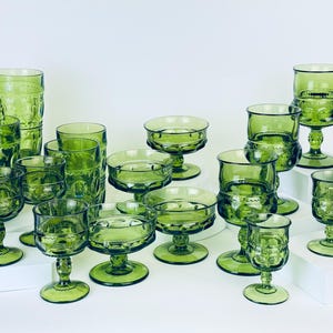 Vintage Avocado Green ‘Kings Crown’ Thumbprint Indiana Pressed Glass Glassware - Sets Sold Separately
