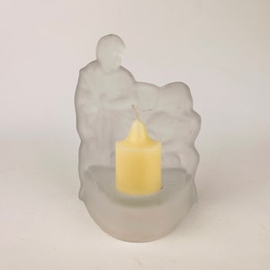 Vintage Frosted Glass Christmas Votive Candleholder - Mary Joseph + Jesus Nativity Scene