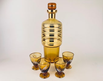 Vintage Amber + Gold Striped Glass Barware Set - Decanter + Shot Glasses - 'Bohemia Crystal' - Made In Czechoslovakia - Barware Gift