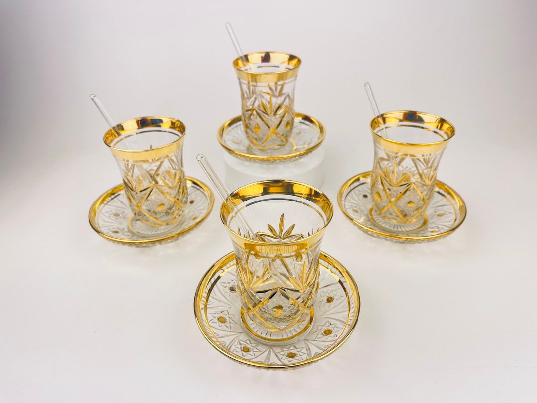 Vintage Cut Glass Turkish Tea/coffee Set Set of Four 4 Cup, Saucer Stir