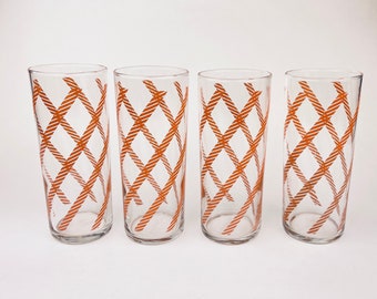 Vintage Tall Water Glasses - Set of Four (4) - Clear Glass + Pink 'Chain' Pattern