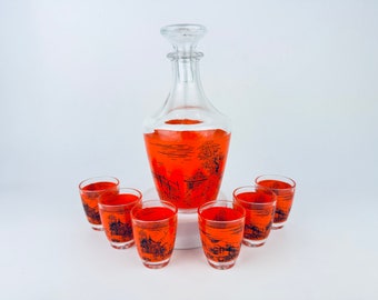 Vintage Orange + Black Asian Landscape Print Glass Decanter + Shot Glasses - Set Of Six (6) - Made In France - Barware Gift