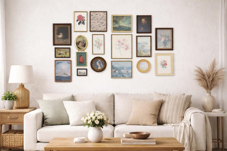 May include: A gallery wall featuring a collection of framed art pieces in various sizes and styles. The frames are in shades of brown, gold, and black, with artwork including landscapes, portraits, and floral designs. The wall is above a white sofa with neutral-colored pillows.