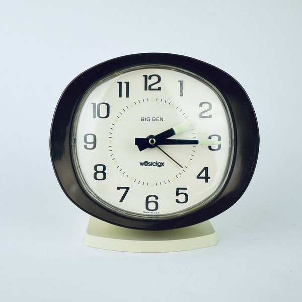 Vintage Beige + Brown 'BIG BEN' Westclox Wind Up Alarm Clock - Glow In The Dark Hands - Made In USA